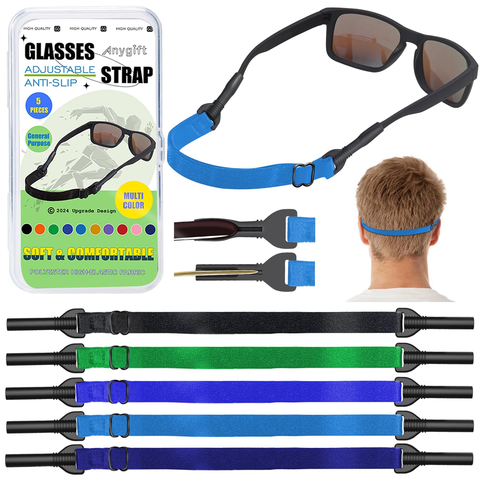 5PCS Adjustable Anti-Slip Glasses Straps for Men, Women & Kids - Eyeglass Holder for Sports, Reading & Outdoor Activities (8.7inch, Black/Deep Blue/Green/Blue/Light Blue) - Perfect for Running, Hiking, Swimming & Daily Use