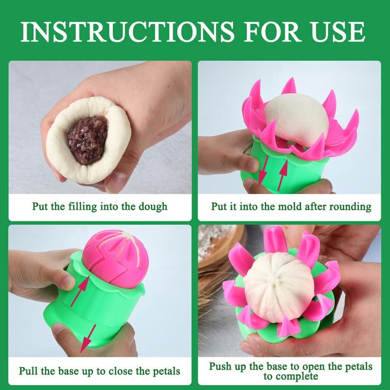 5-Piece Bun and Dumpling Maker Set - Plastic Steam Mold with Filling Spoon - Cooking Tools for Kids to Learn Making Homemade Buns & Dumplings (Green, Pink) - Perfect for Family Cooking Activities & Asian Cuisine DIY