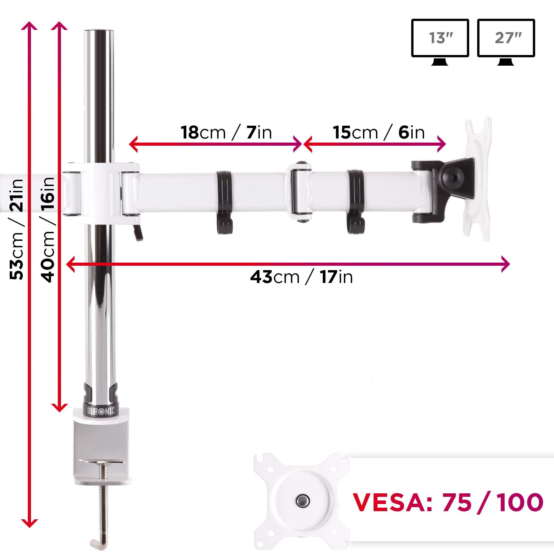 Duronic DM252 WE Dual Monitor Stand - Adjustable White Twin Monitor Arm for 13-27