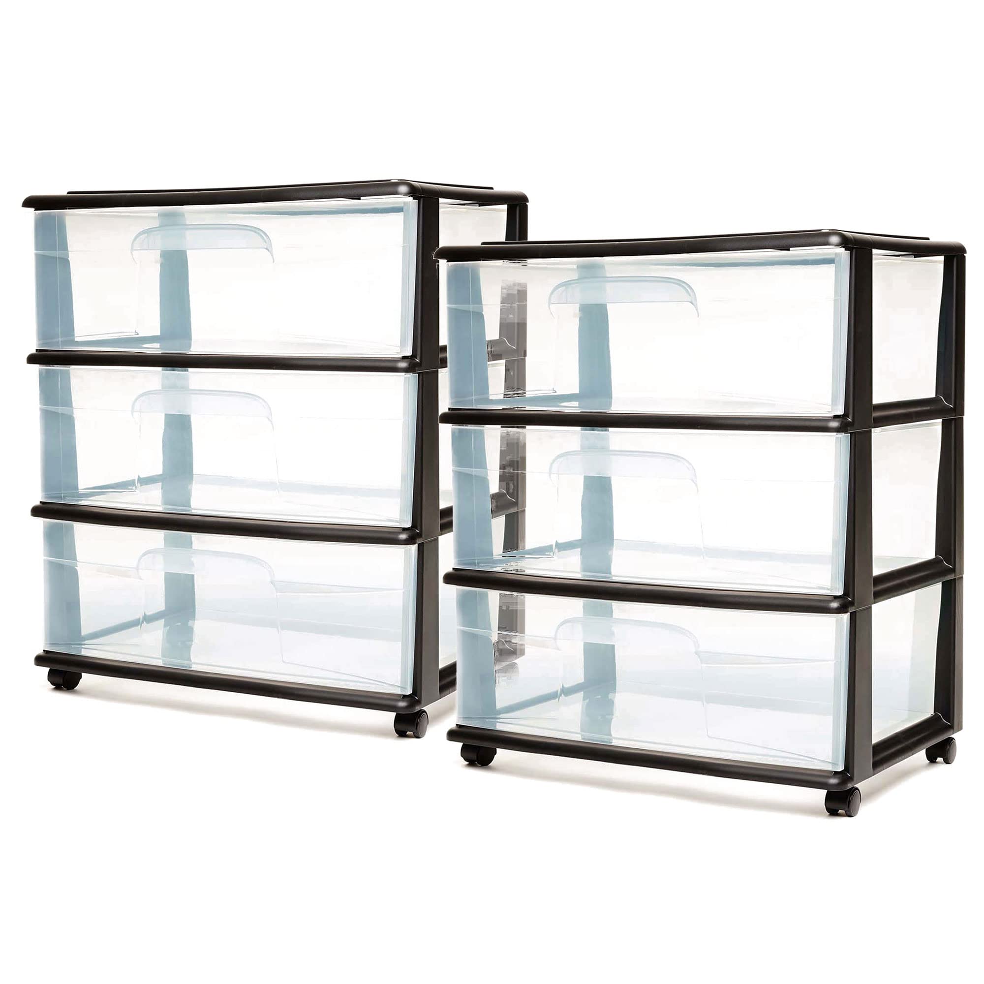 HOMZ 2-Pack 3-Tier Wide Clear Plastic Drawer Tower Storage Organizer Cart with Black Frame - Perfect for Bedroom Closet, Bathroom, Office & Kids Room Organization