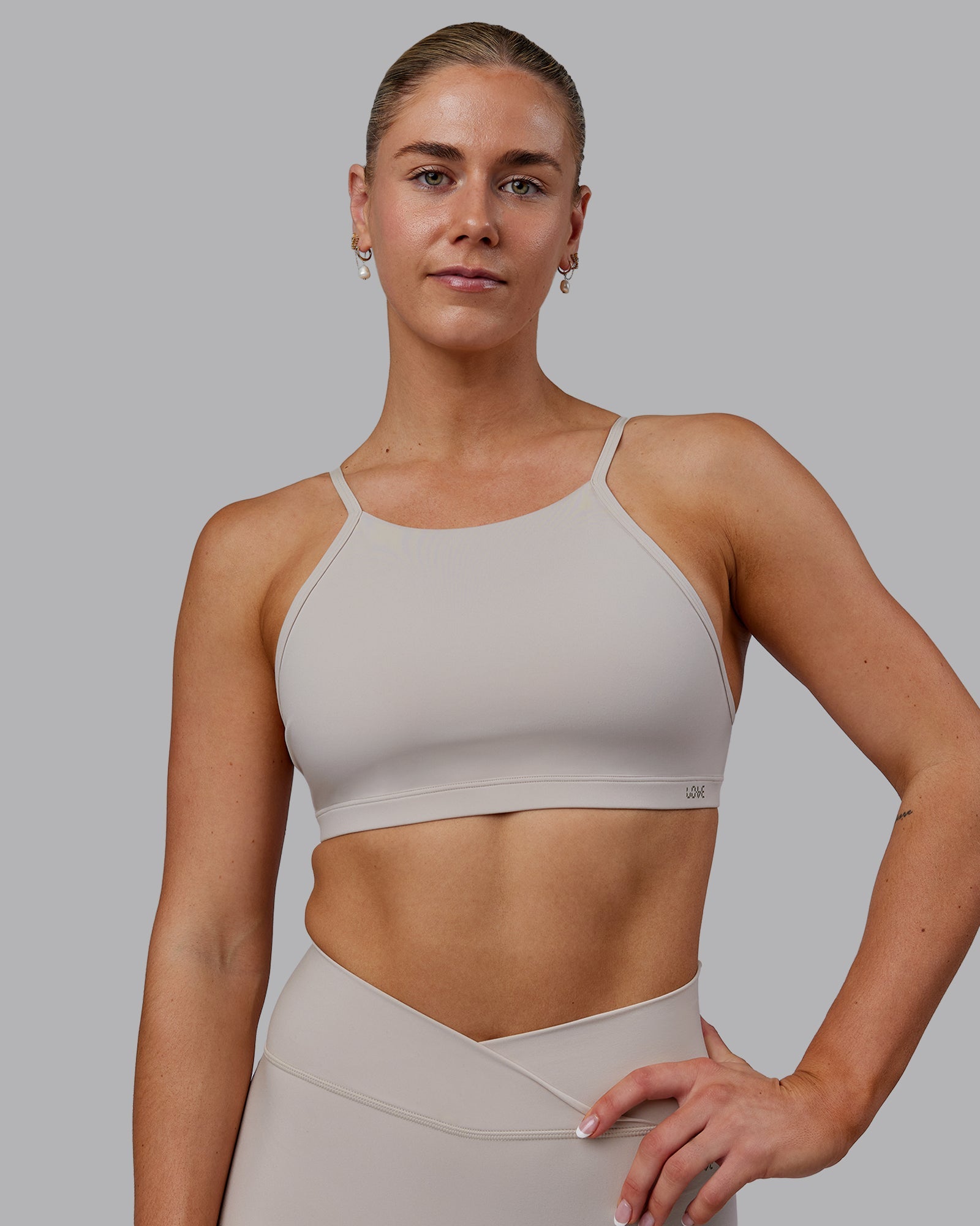 Sara Ares High Neck Sports Bra - Shale Beige | Women's Workout Top for Running, Yoga & Gym | Breathable & Supportive Activewear