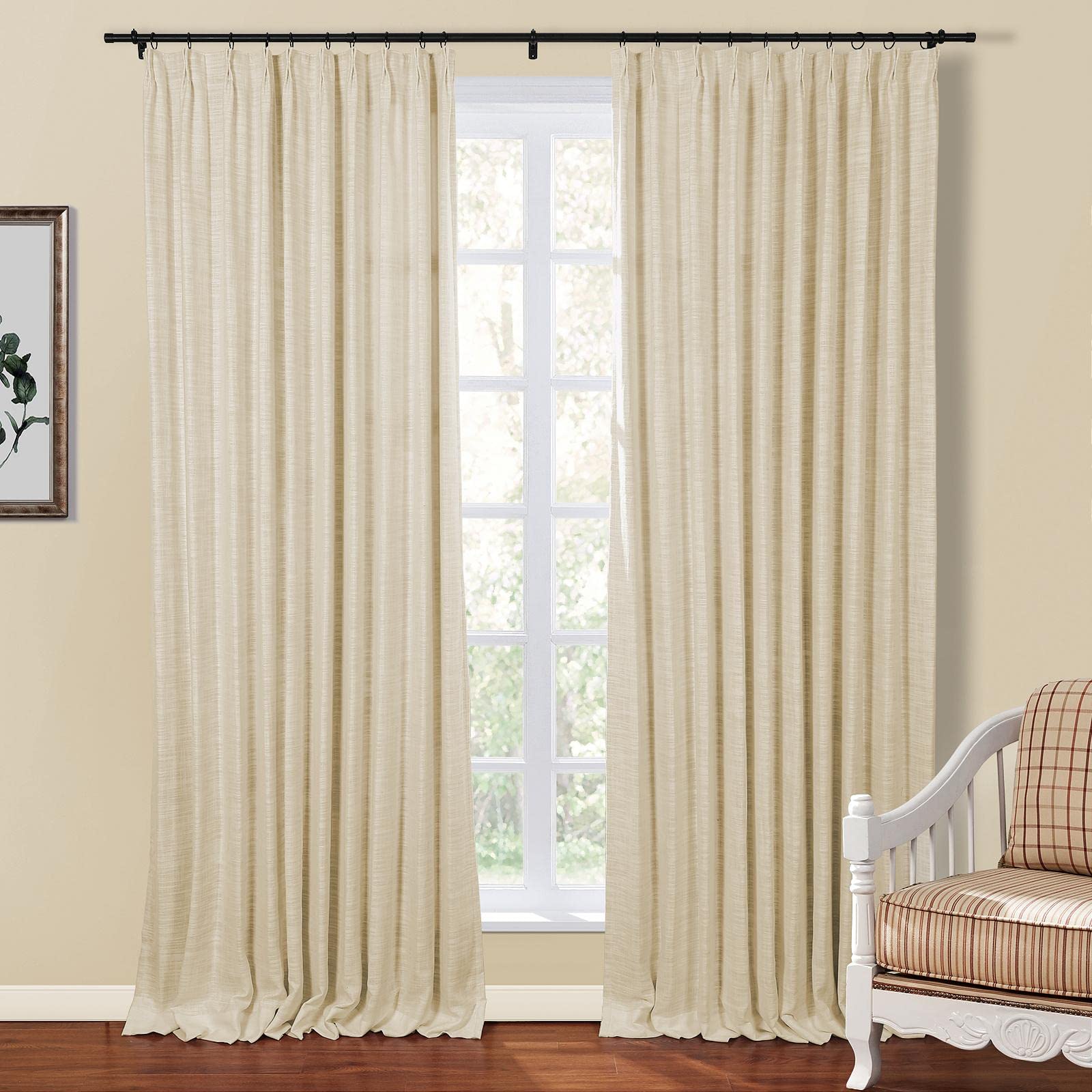 Double Layer Linen Blend Pinch Pleat Curtains - Light Filtering & Room Darkening Window Panels (2 Panels, 26