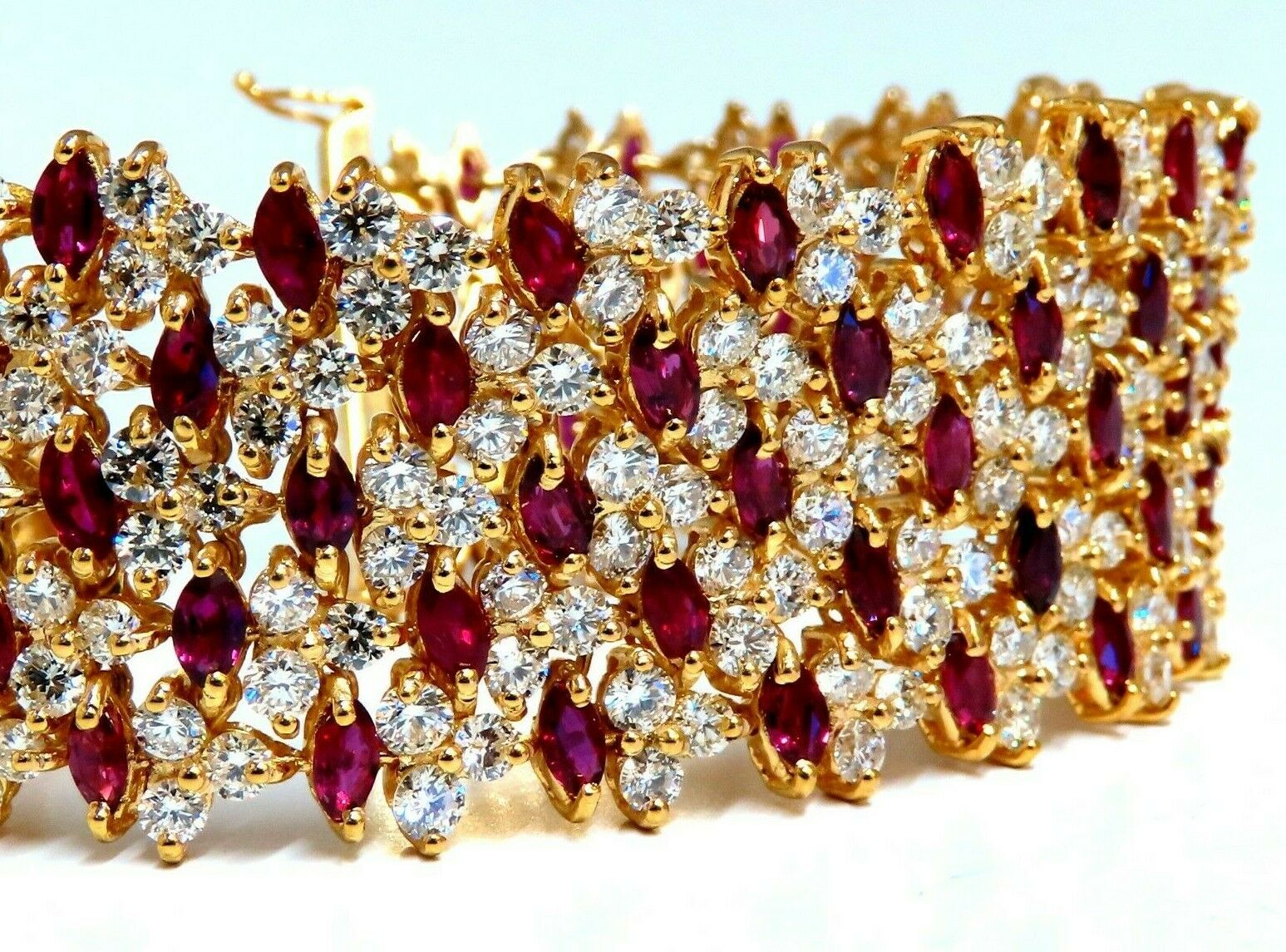 44.58ct Natural Ruby & Diamond Wide Cuff Bracelet in 14kt Gold Flex Mesh - Elegant Jewelry for Weddings, Parties & Special Occasions