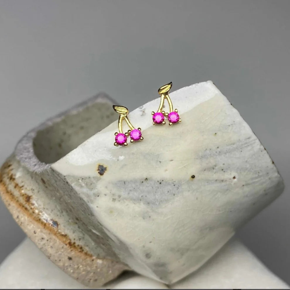 Calli Cherry Studs Earrings for Women - Dainty Cherry Blossom Studs, Hypoallergenic Stainless Steel Earrings - Perfect for Everyday Wear, Gifts & Special Occasions