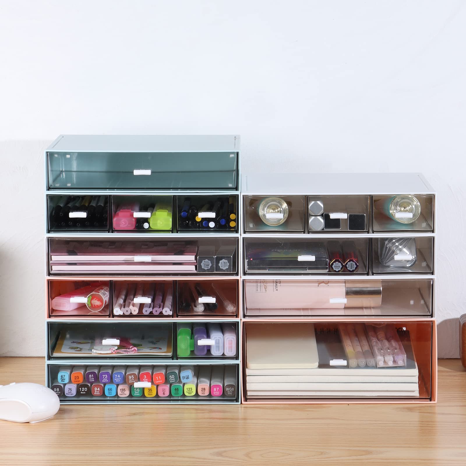 Stackable Plastic Desk Organizer with 4 Drawers - Office Supplies Storage, Makeup & Skincare Organizer, Sanitation Supplies Holder - Perfect for Home Office, Vanity Table & Bathroom Organization (White)