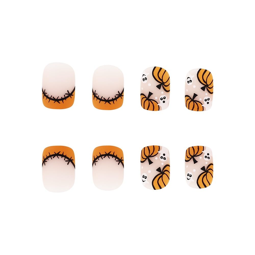 Halloween Pumpkin Press On Nails - Short Square Orange French Tip Acrylic Fake Nails with Ghost Designs | Matte False Nails for Women (24PCS) | Perfect for Halloween Parties, Cosplay & Spooky Nail Art