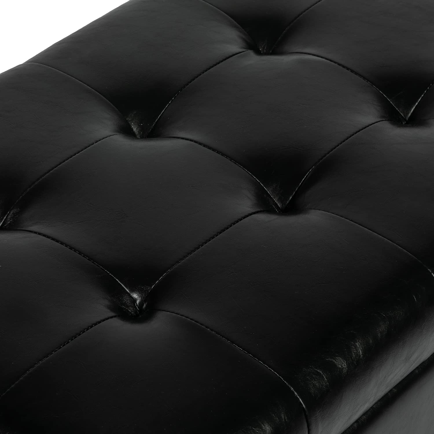 Adeco Faux Leather Storage Ottoman Bench with Wood Legs - Tufted Rectangular Footrest Stool for Living Room, Bedroom, Entryway | Multi-Functional Coffee Table & Seating Solution (Black) - Perfect for Small Space Organization & Extra Seating