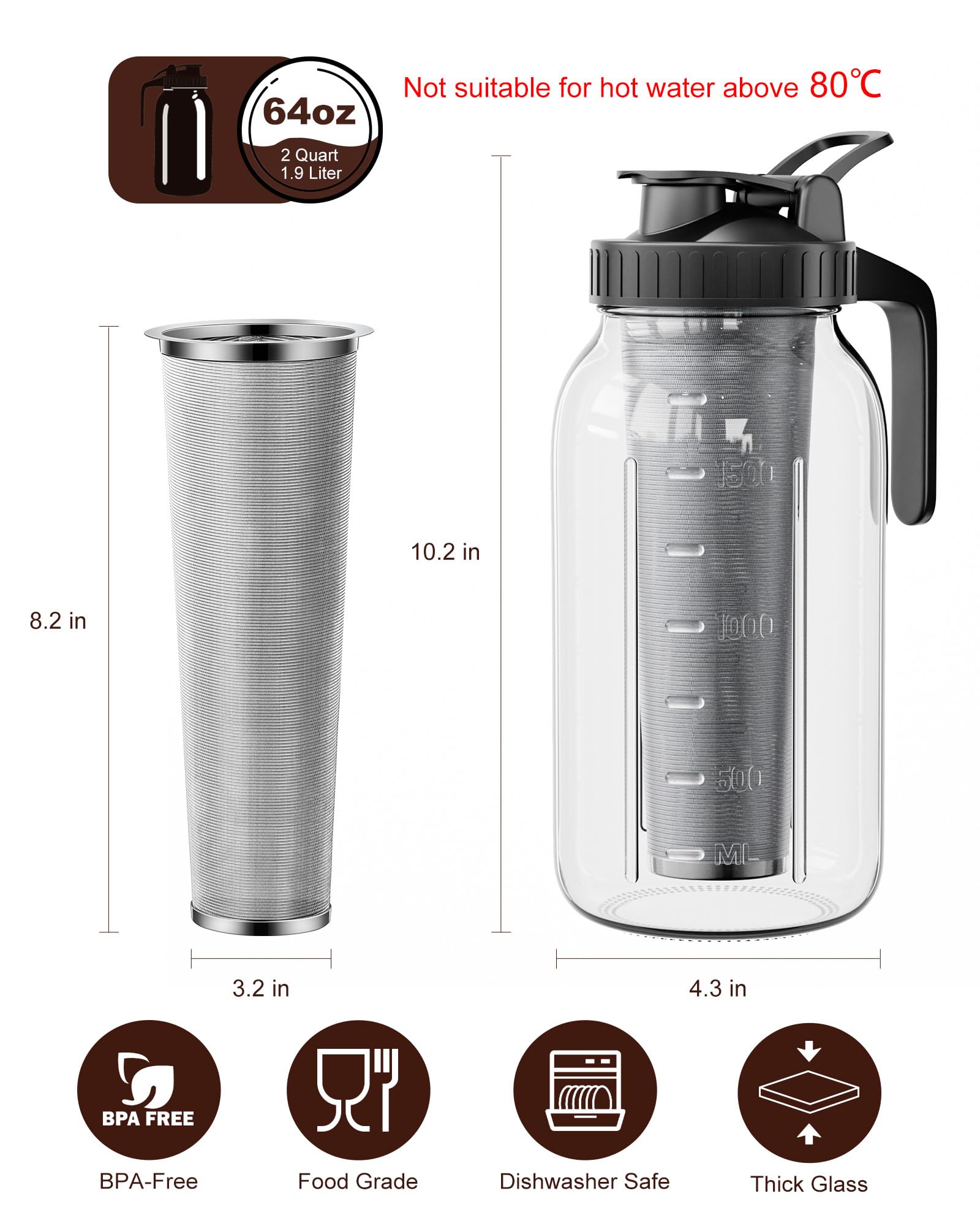 VA1KENE 64oz Cold Brew Coffee Maker with Stainless Steel Filter - Iced Coffee Pitcher with Lid & Spout, Glass Mason Jar for Home, Office & Outdoor Use (Black)