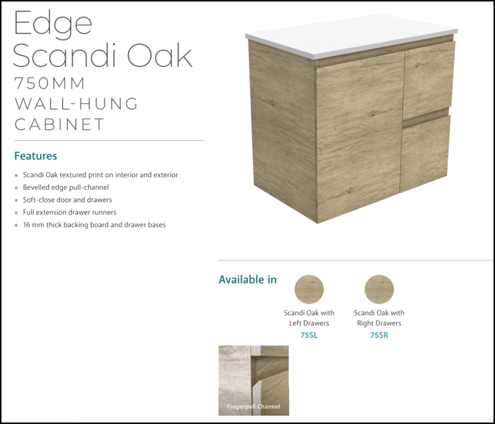 Fienza Crystal Pure SC75SR 750mm Undermount Stone Top Bathroom Vanity with Scandi Oak Finish - Wall Hung Design with Right Side Drawers - Perfect for Modern and Scandinavian Style Bathrooms