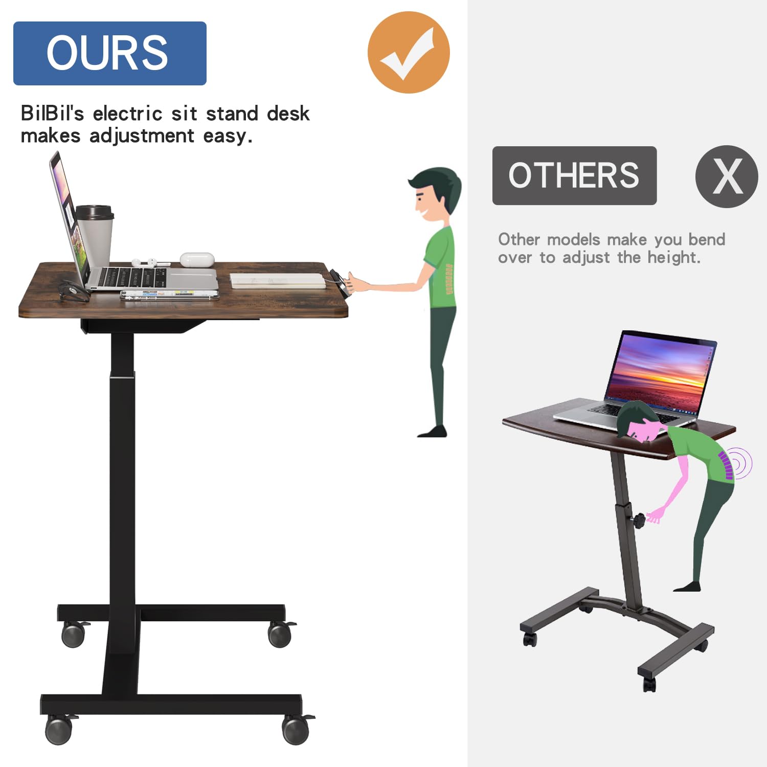 BilBil Electric Standing Desk with Lockable Wheels - 32x24 Inch Height Adjustable Sit to Stand Workstation, Mobile Rolling Computer Desk for Home Office, Overbed Laptop Table, Portable Workstation (Rustic Brown) | Perfect for Small Spaces, Remote Work & Bedroom Office Setup