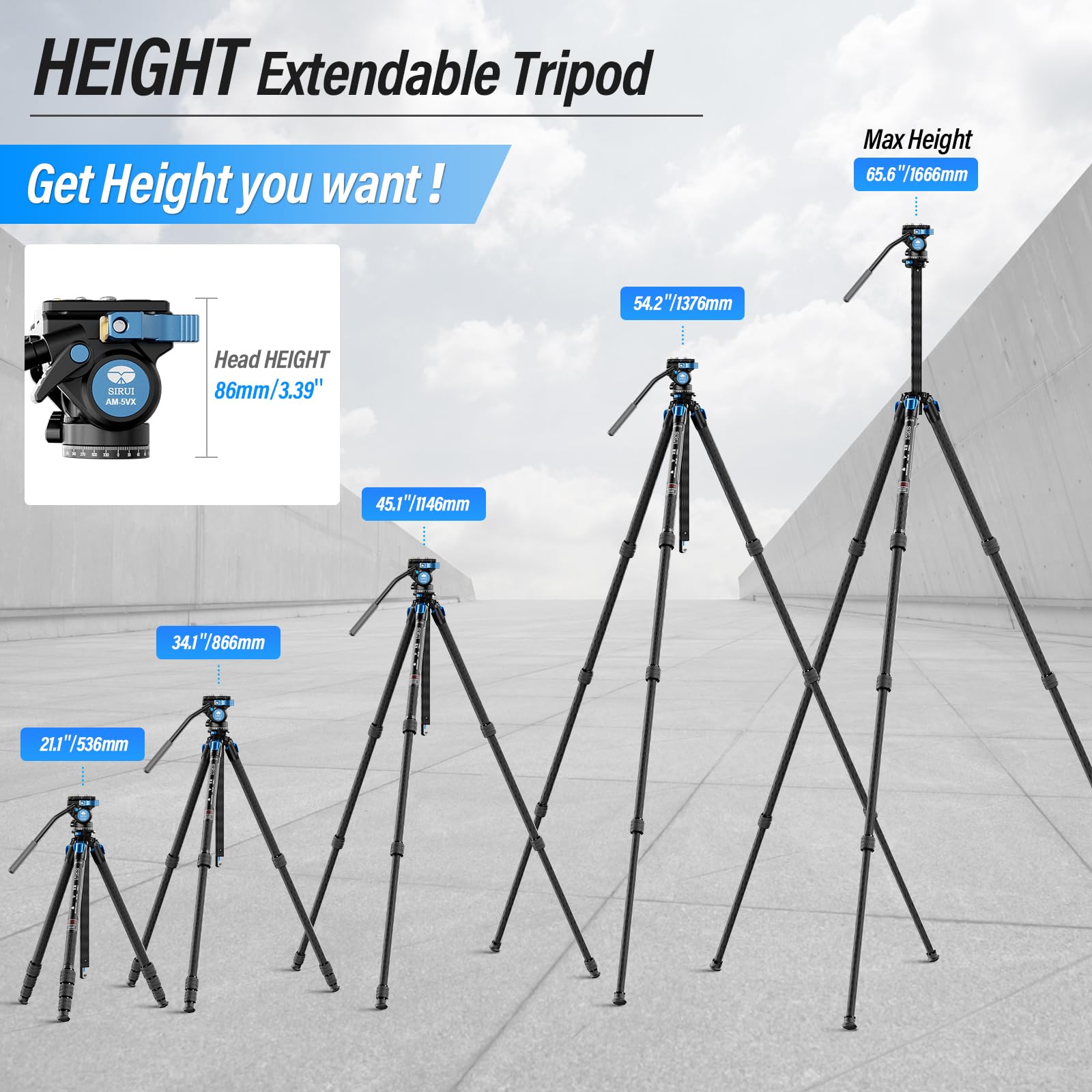 SIRUI AM-124 Carbon Fiber Tripod with AM-5VX Fluid Head - 65.6