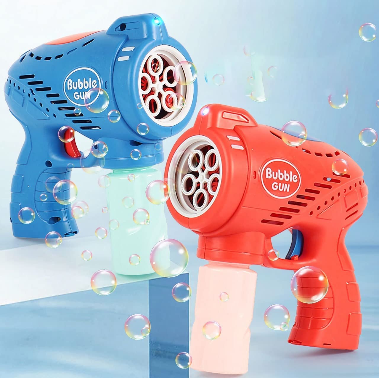 2 Pack Bubble Guns with 4 Bottles Bubble Refill Solution (10 oz Total) - Light Up Bubble Blower Toy for Kids, Summer Outdoor Party, Birthday Gift, Backyard Fun, Park Play & Beach Activities