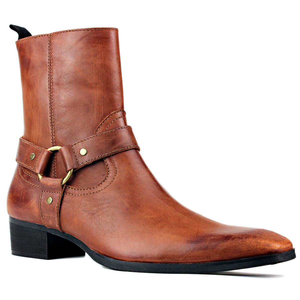 OSSTONE Men's Leather Chelsea Ankle Boots - Side Zipper Chukka Motorcycle Boots with Retro Heel (JY017-R) | Casual Wear, Riding & Dress Boots for Men