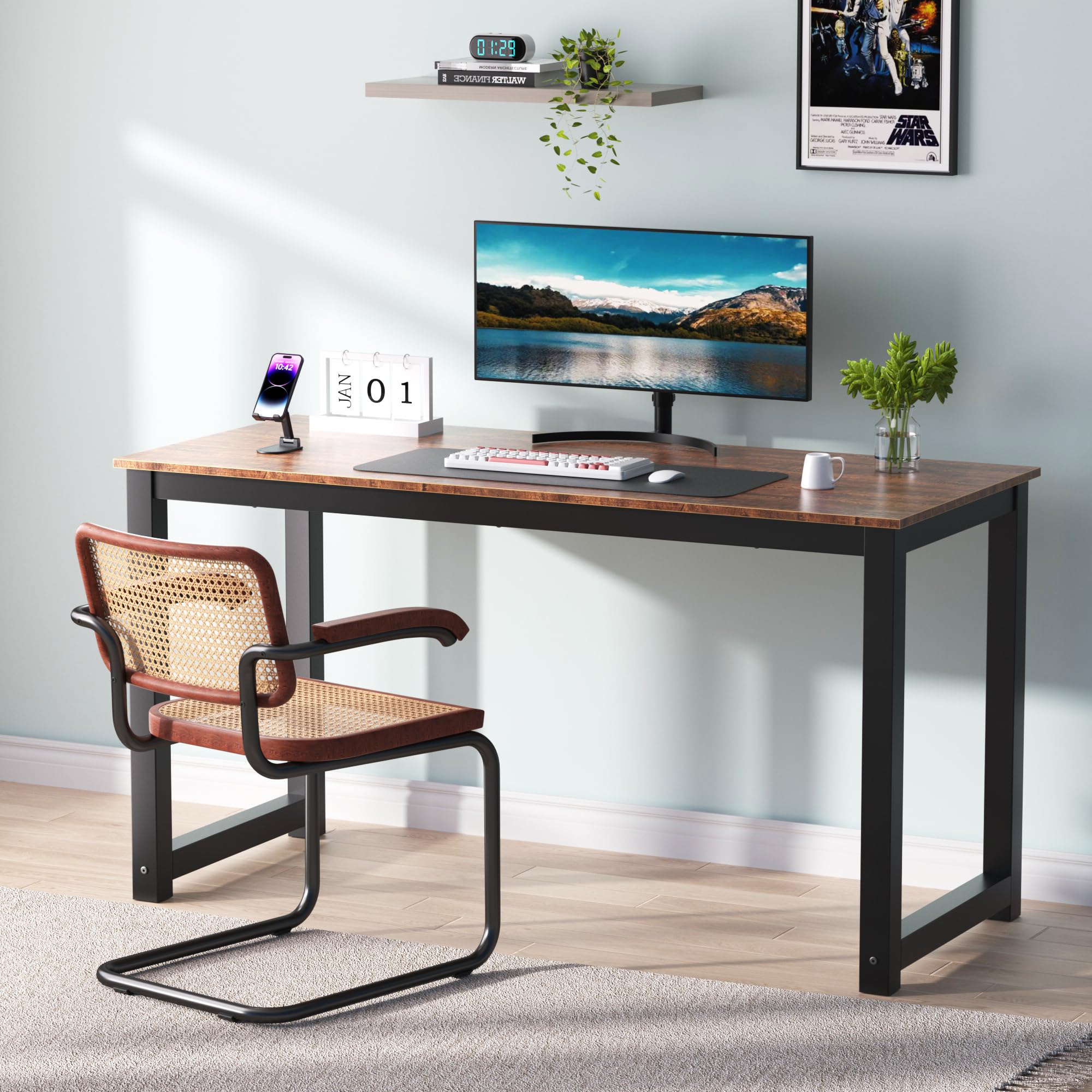 55 Inch Modern Industrial Computer Desk - Home & Office Workstation with Leg Bars, Rustic Brown Writing Table for PC & Laptop | Perfect for Small Spaces, Gaming Setup & Remote Work