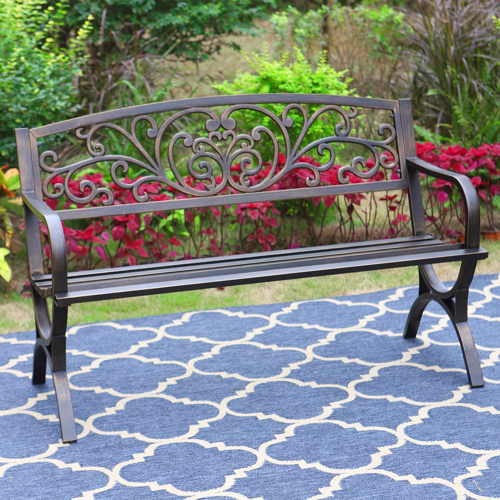 MFSTUDIO 50 Inch Outdoor Garden Bench - Heavy Duty Cast Iron Metal Patio Bench with Floral Pattern Backrest & Arch Legs - Perfect for Porch, Lawn, Yard, Park (Bronze) - Ideal for Outdoor Relaxation, Garden Decor & Backyard Seating