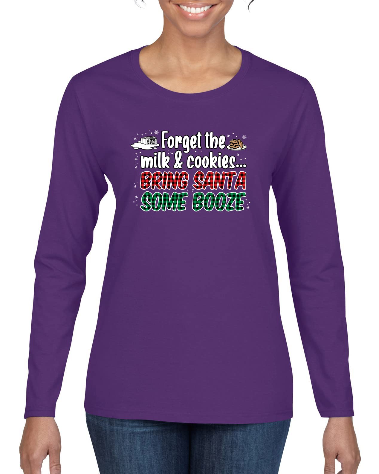 Wild Bobby Santa Booze Christmas Graphic Long Sleeve T-Shirt for Women - Funny Holiday Party Outfit & Ugly Christmas Sweater Alternative