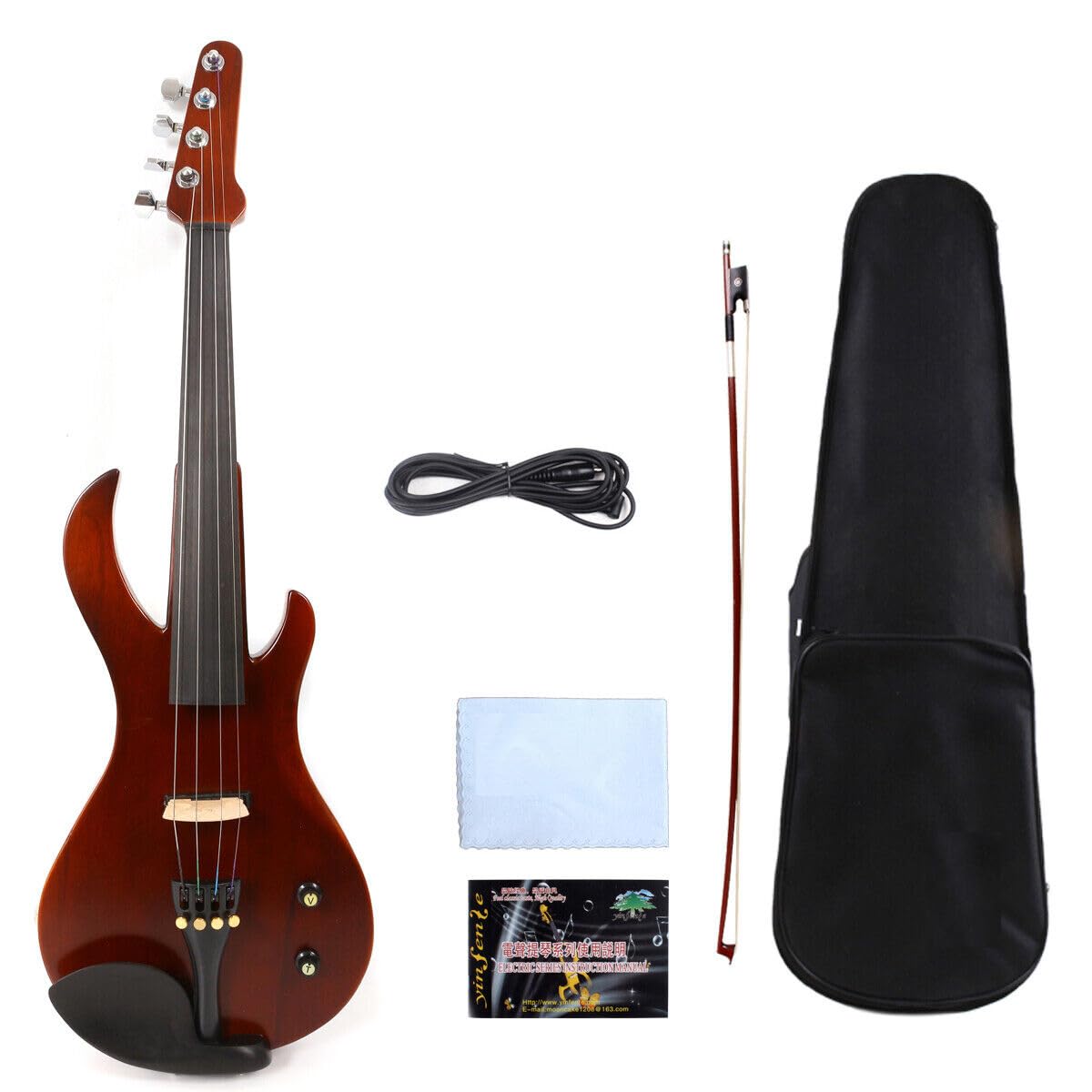 **4/4 Full Size Electric Violin - Solid Wood Body, Ebony Fittings, Includes Case & Bow (Brown) - Perfect for Beginners, Performances & Studio Recording**