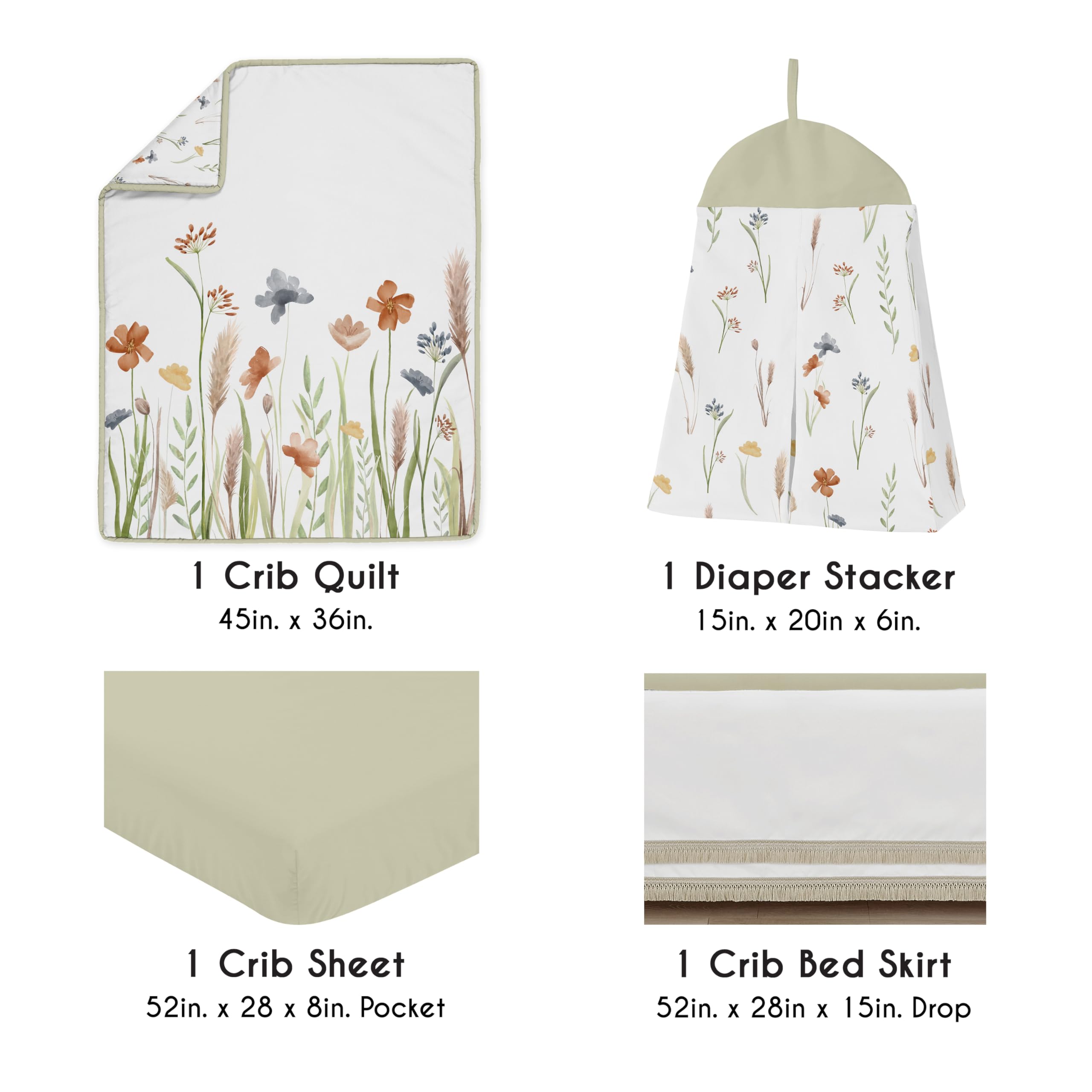 Sweet Jojo Designs 4-Piece Baby Crib Bedding Set - Green Boho Floral Nursery Decor for Girls | Includes Blanket, Fitted Sheet, Skirt & Diaper Stacker | Perfect for Bohemian, Farmhouse & Wildflower Themed Nurseries | Soft & Safe for Newborns & Infants