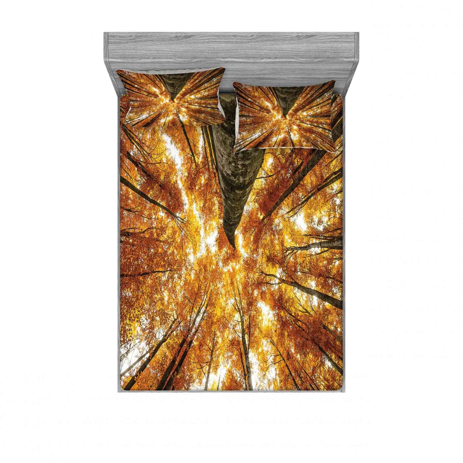 Ambesonne Canadian Maple Scenery 2-Pack Fitted Sheet & Pillow Sham Set - 4 Piece Bedding Decor (2 Twin XL Fitted Sheets & 4 Pillow Covers) in Orange Brown - Perfect for Autumn Themed Bedrooms, Guest Rooms, and Cozy Cabin Retreats