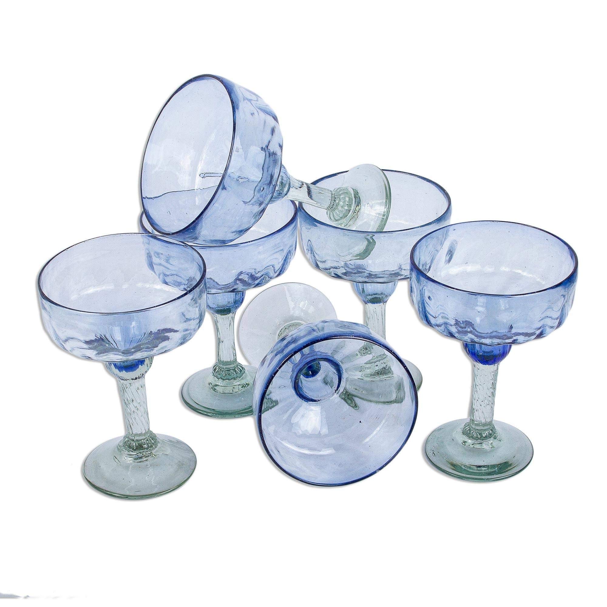 Hand Blown Glassware Set of 6 - Fiesta Azul Modern White Drinking Glasses | Handmade Contemporary Glass Cups for Cocktails, Wine & Home Decor