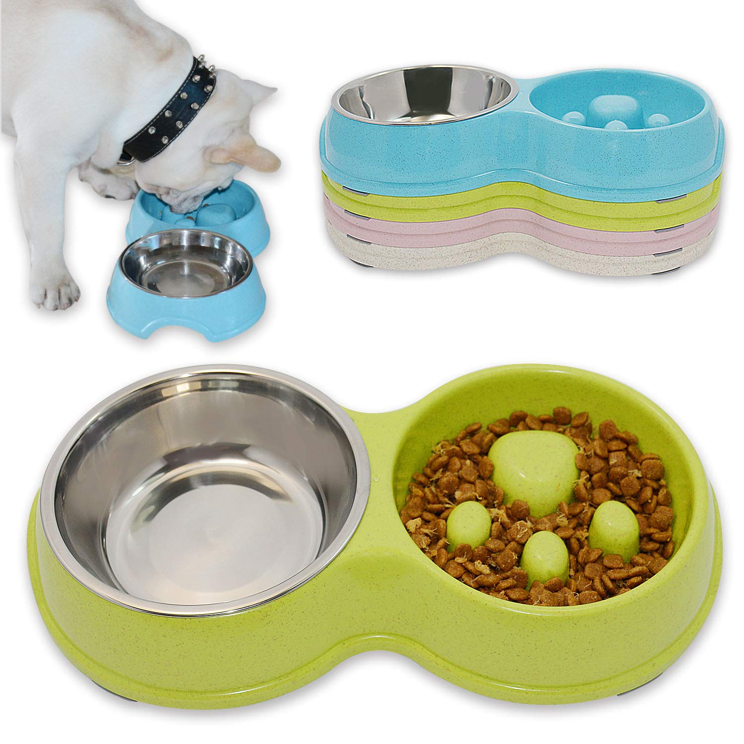 Stainless Steel Slow Feed Dog Bowl for French Bulldogs - Eco-Friendly Interactive Pet Dish to Slow Down Eating & Drinking - Perfect for Frenchies, Small & Medium Dogs - Great for Mealtime & Training (Green)