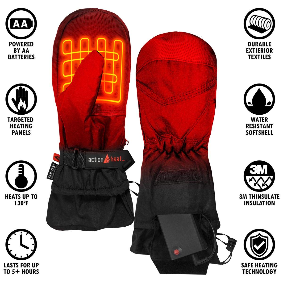 ActionHeat AA Battery Heated Mittens for Men & Women - Softshell Winter Gloves with Adjustable Gauntlet & Textured Grip - Perfect for Skiing, Snowboarding, Hiking & Cold Weather Outdoor Activities