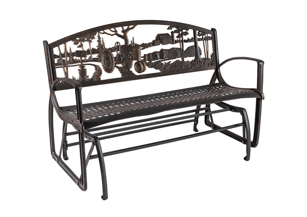 Premium Outdoor Farmhouse Glider Bench - Heavy Duty All-Weather Patio Swing with Comfortable Cushions - Perfect for Porch, Garden, Backyard & Farmhouse Decor