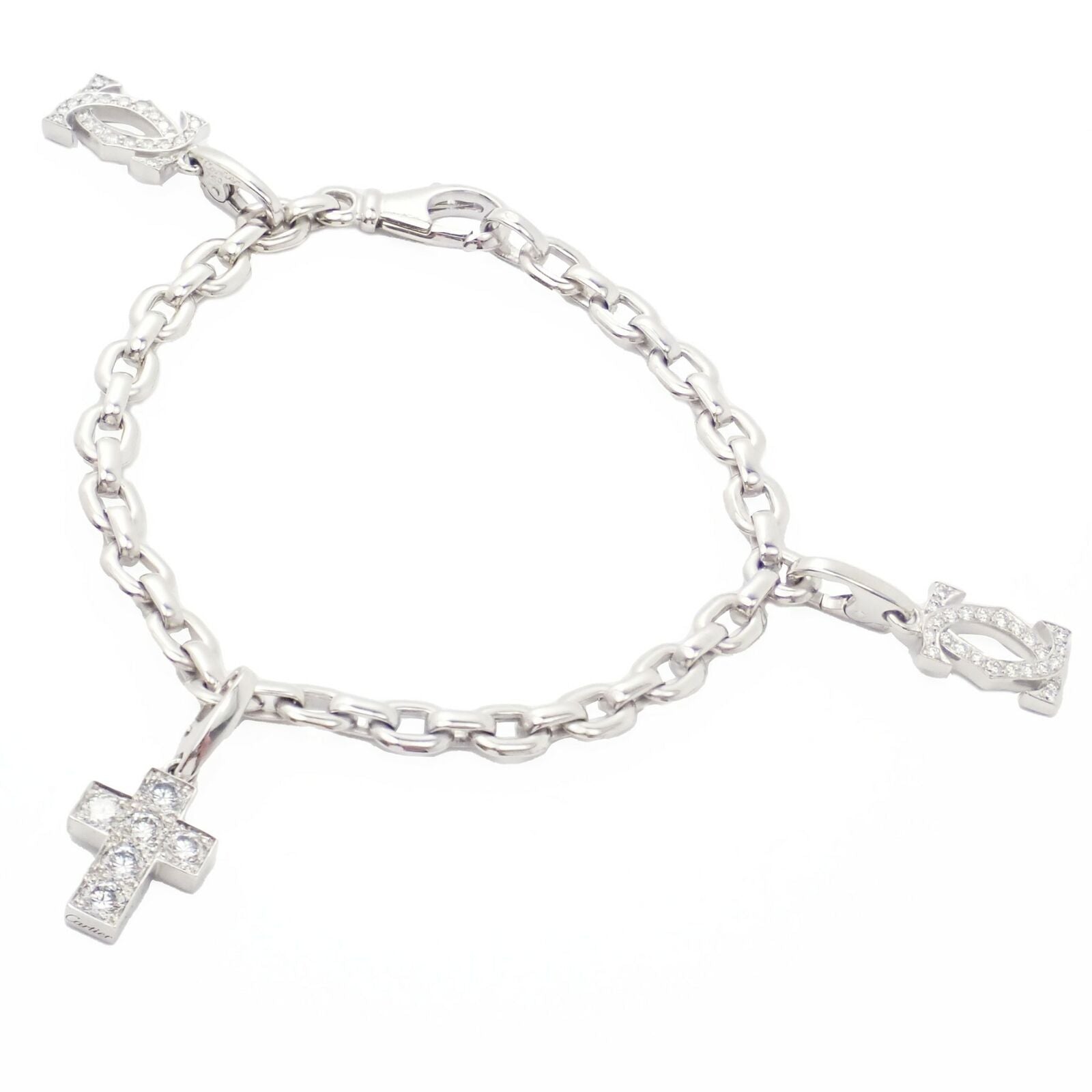 Authentic Cartier 18k White Gold 3 Charm Bracelet with Diamond Cross Double C's - Luxury Jewelry Gift for Women, Anniversary & Special Occasions
