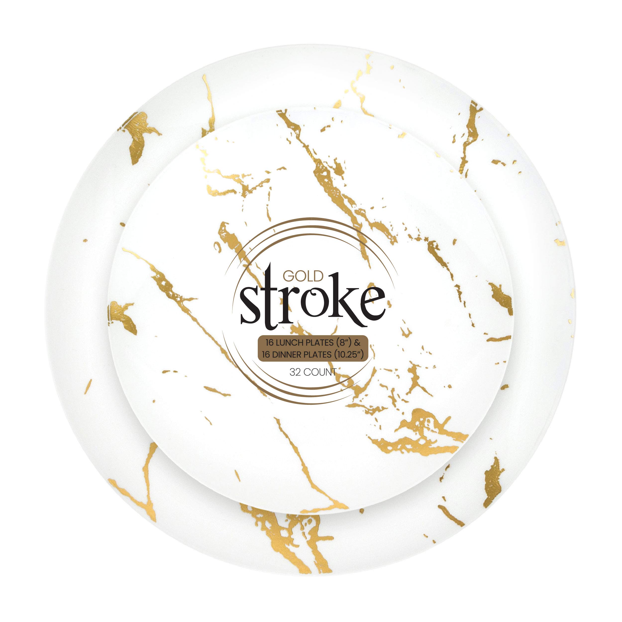 Plasticpro 64-Piece Dinnerware Set - 32 White 7-Inch Salad Plates & 32 White 10-Inch Dinner Plates with Elegant Gold Stroke Design - Heavyweight Plastic Party Plates for Weddings, Banquets, and Special Occasions