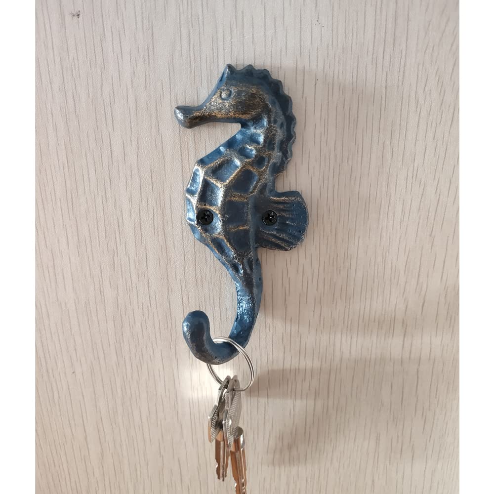 WINTENT Turquoise Patina Cast Iron Seahorse Wall Hooks - Rustic Coastal Decor for Keys, Hats & Towels - Perfect for Beach House, Bathroom & Entryway Organization
