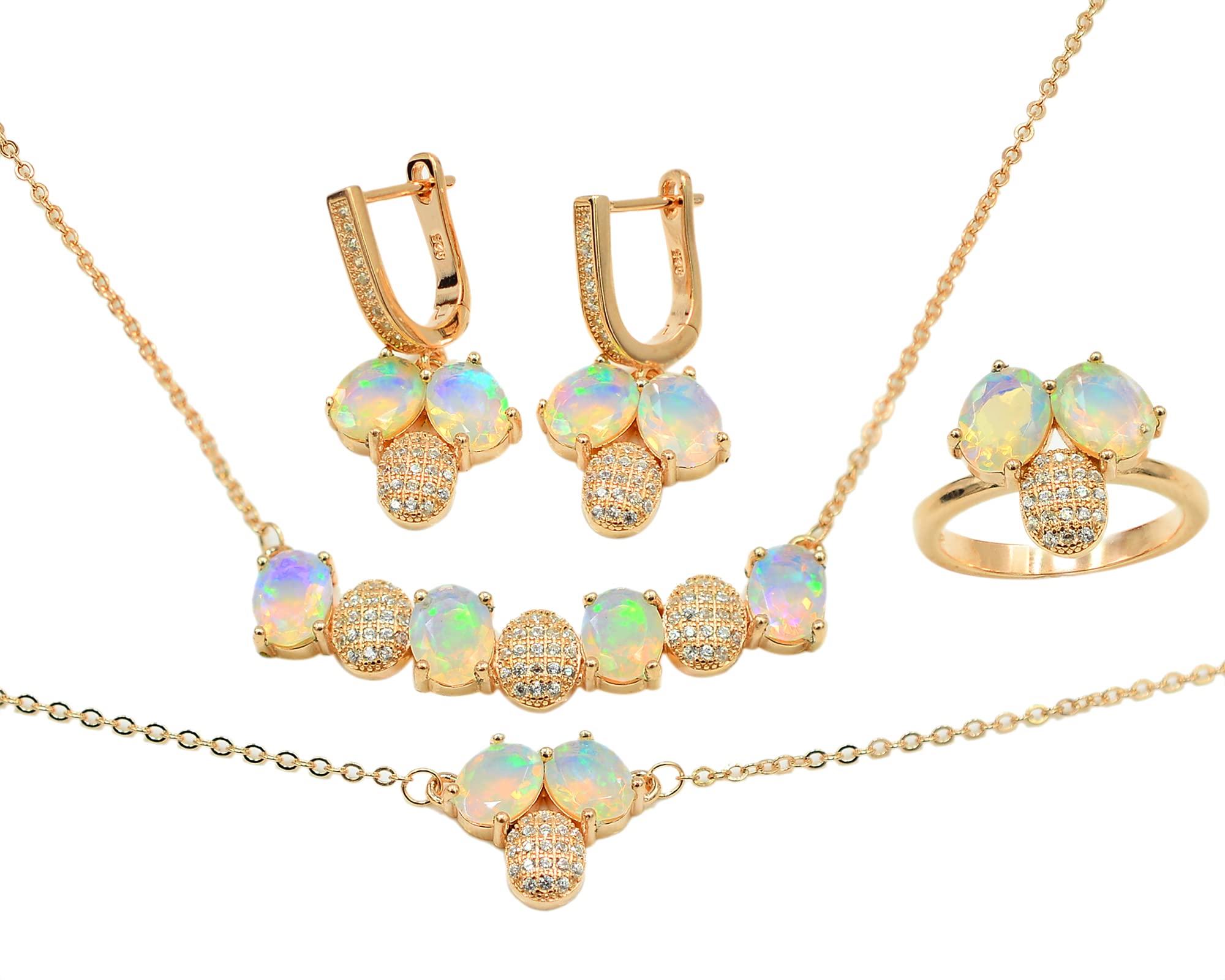 Natural Ethiopian Cut Opal Jewelry Set - 925 Sterling Silver Adjustable Necklace, Bracelet, Ring & Earrings for Women | October Birthstone Gift for Wife, Mother, Girlfriend | Perfect for Birthday, Anniversary, Wedding & Special Occasions