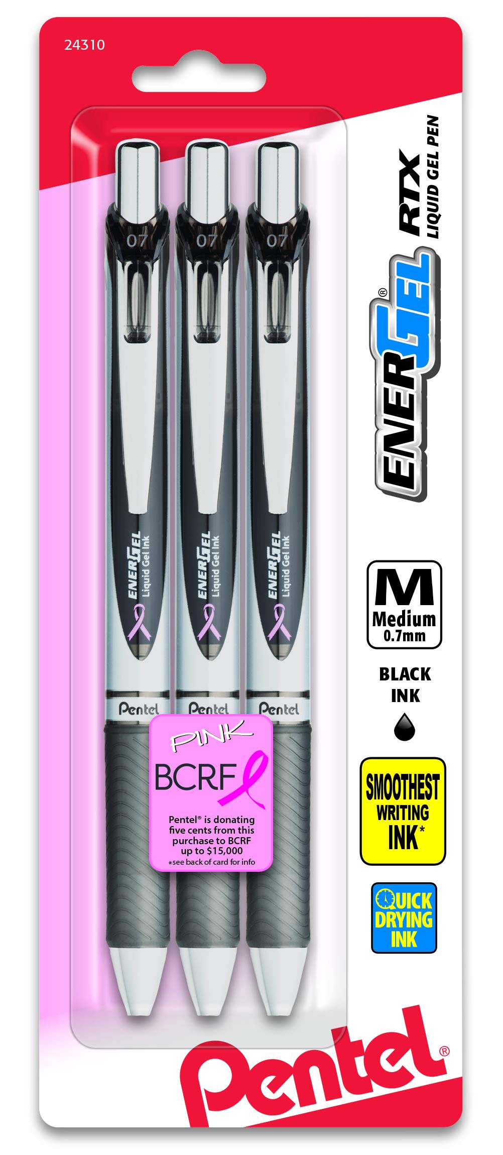 Pentel EnerGel Deluxe RTX Retractable Gel Pen 0.7mm Medium Point - 3 Pack Metal Tip Liquid Ink Pens (Black Ink, Silver Barrel, Pink BCA Ribbon) for Office, School, Note Taking & Gift Giving