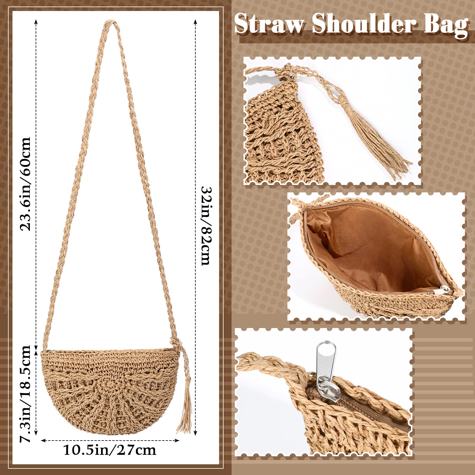 Boho Straw Shoulder Bag for Women - Crossbody Beach Purse Set with 4 Rattan Tropical Earrings & Leopard Bracelet | Vacation, Summer Outfits, Beach Accessories