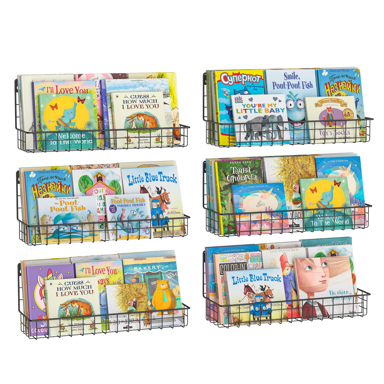 6 Pack Wall Mounted Metal Kids Bookshelf - Floating Book Shelves for Nursery, Toddler Bedroom & Classroom - Hanging Book Storage Organizer - Black - Perfect for Kids' Room Decor, Book Display & Space Saving Storage