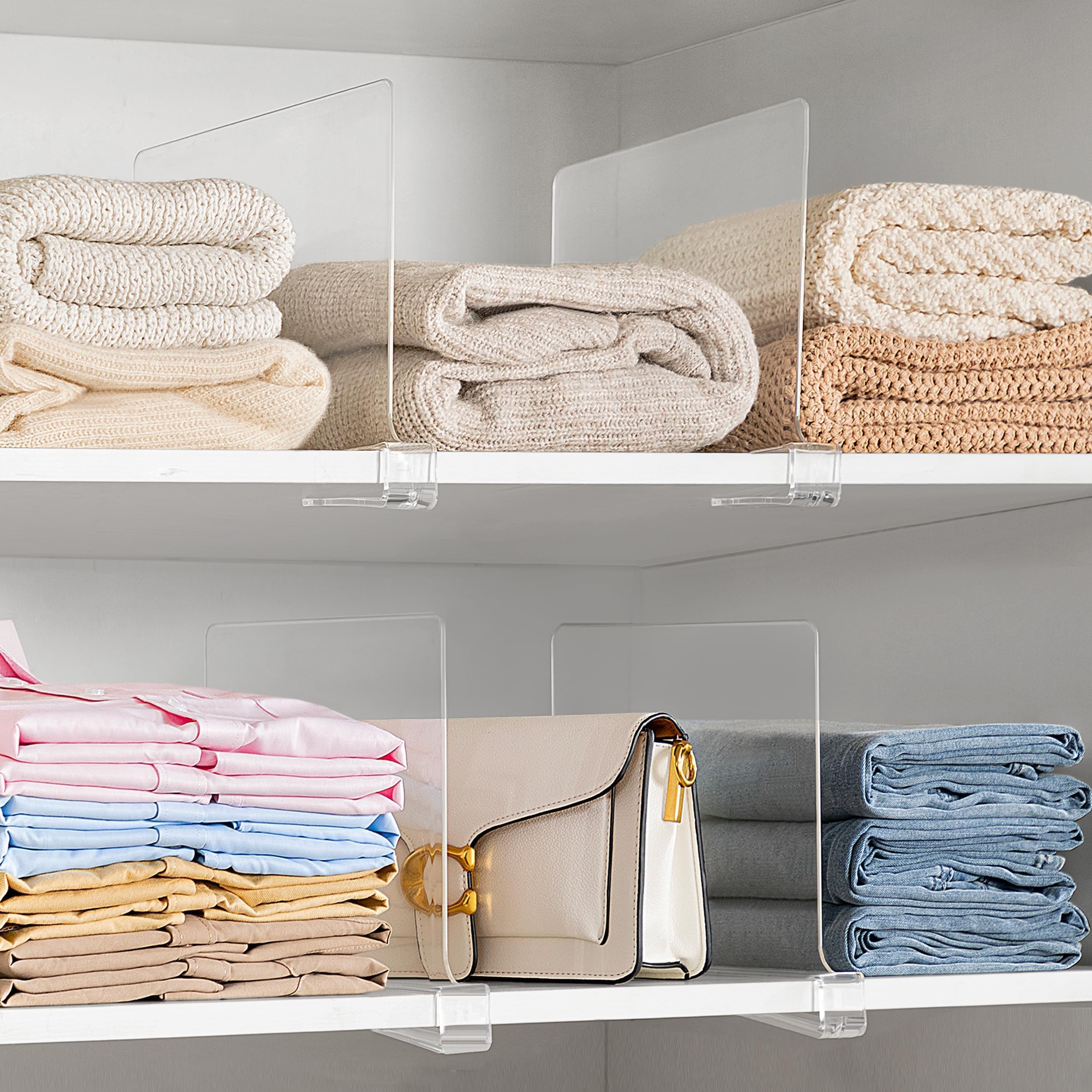 HBlife 6 Pack Clear Shelf Dividers - Adjustable Acrylic Organizer for Closet, Bookshelf & Drawers | Perfect for Sweaters, Shirts, Handbags, Kitchen & Bedroom Storage | Space-Saving Home Organization Solution