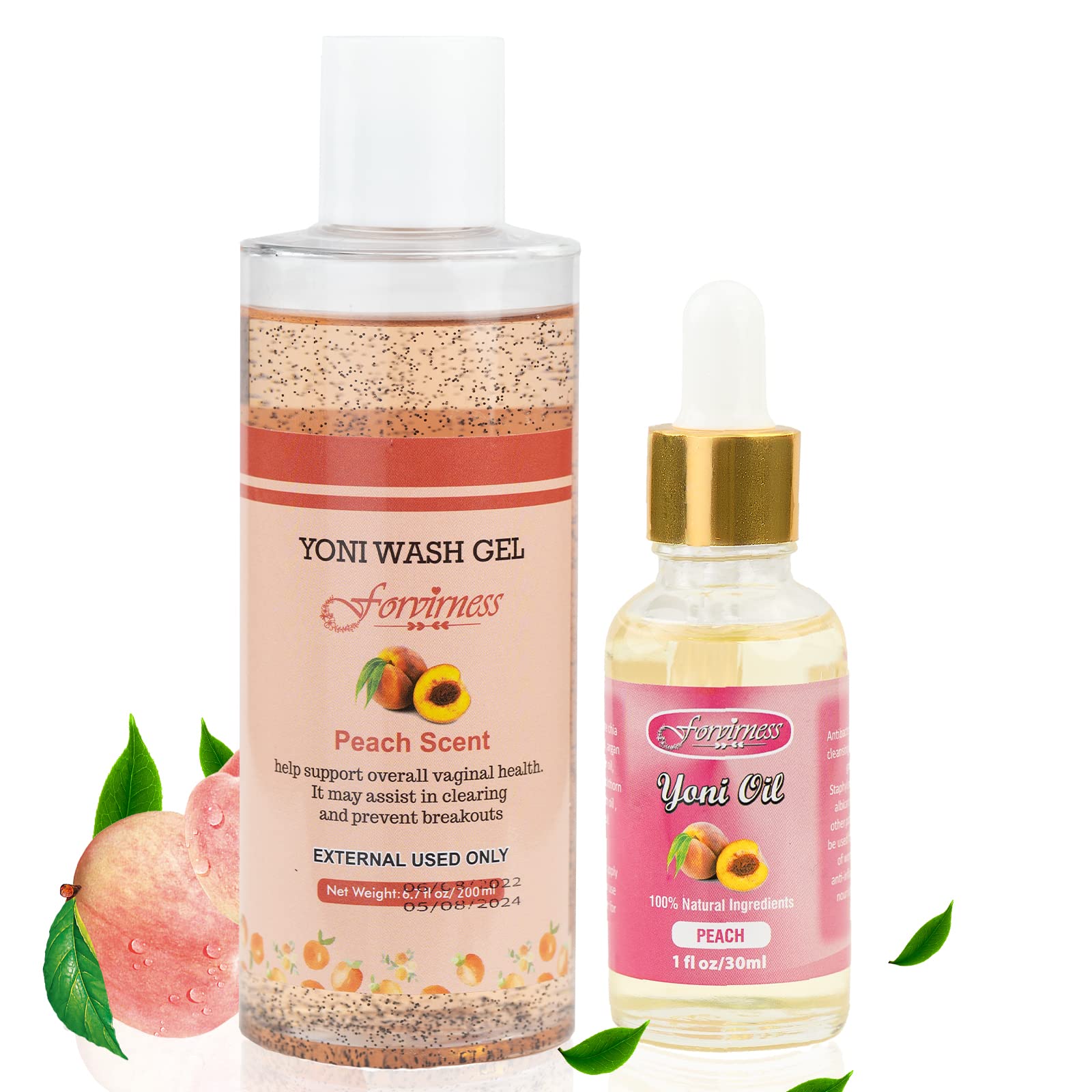 Natural Feminine Wash & Yoni Oil Set for Women – pH Balanced Vaginal Wash with Cleansing Formula, 1 fl.oz Peach Feminine Oil & 6.7 fl.oz Intimate Wash – Gentle Care for Daily Hygiene & Intimate Wellness