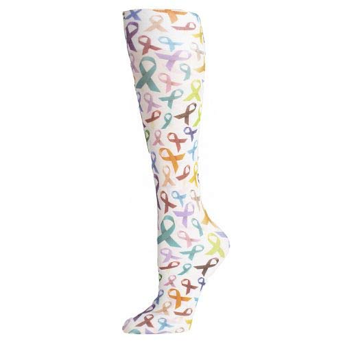 Celeste Stein Women's Therapeutic Compression Socks for Circulation & Swelling Relief - Cancer Awareness Ribbon Design - Plus Size White Socks - Perfect for Nurses, Travel & Recovery