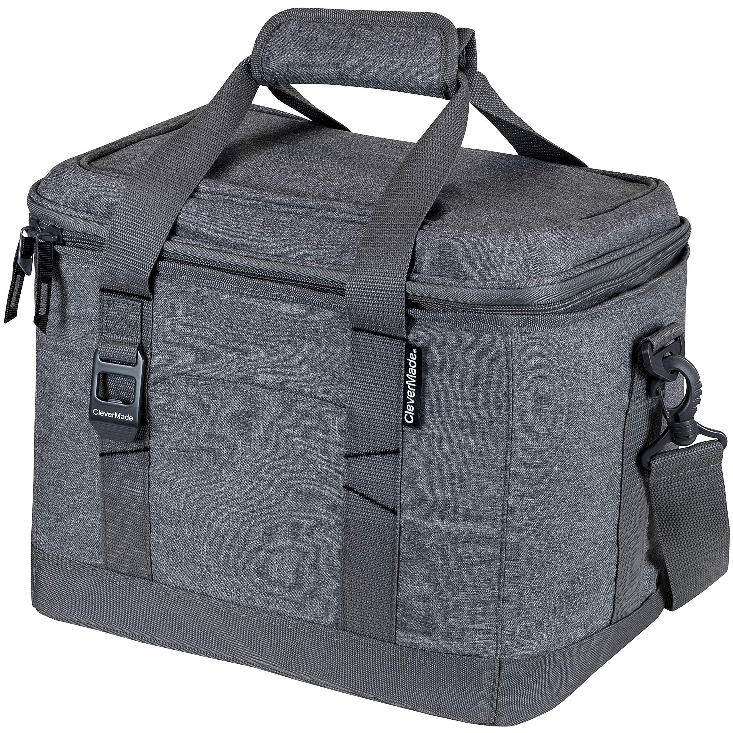 CleverMade Collapsible Soft Cooler Bag Tote - Insulated 30 Can Leakproof Cooler Box with Bottle Opener & Shoulder Strap for Lunch, Beach, Picnic, Camping, and Outdoor Adventures - Grey