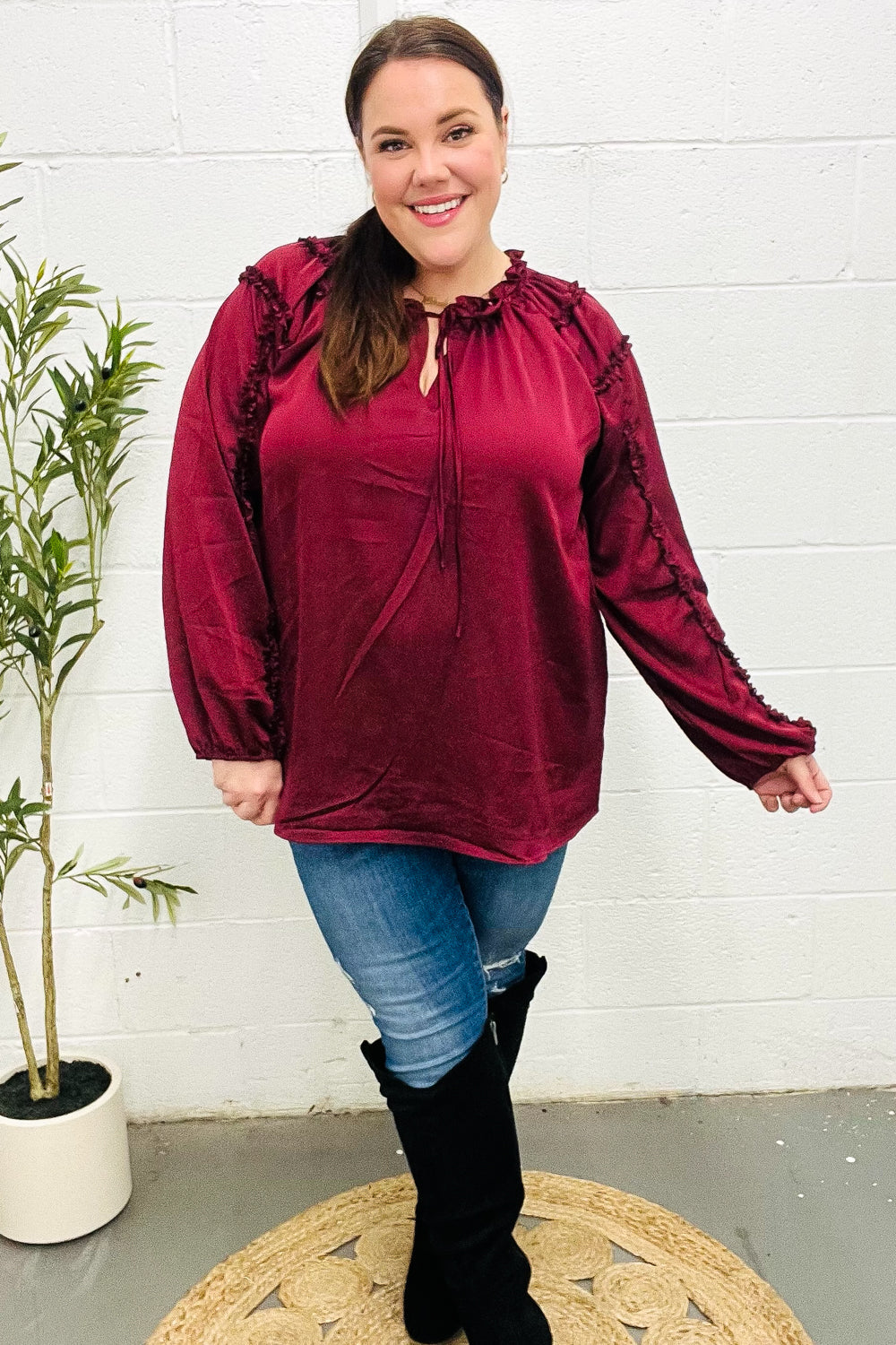 Elegant Burgundy Satin Blouse with Frill Detail & Tie Neck - Perfect for Holiday Parties & Special Occasions