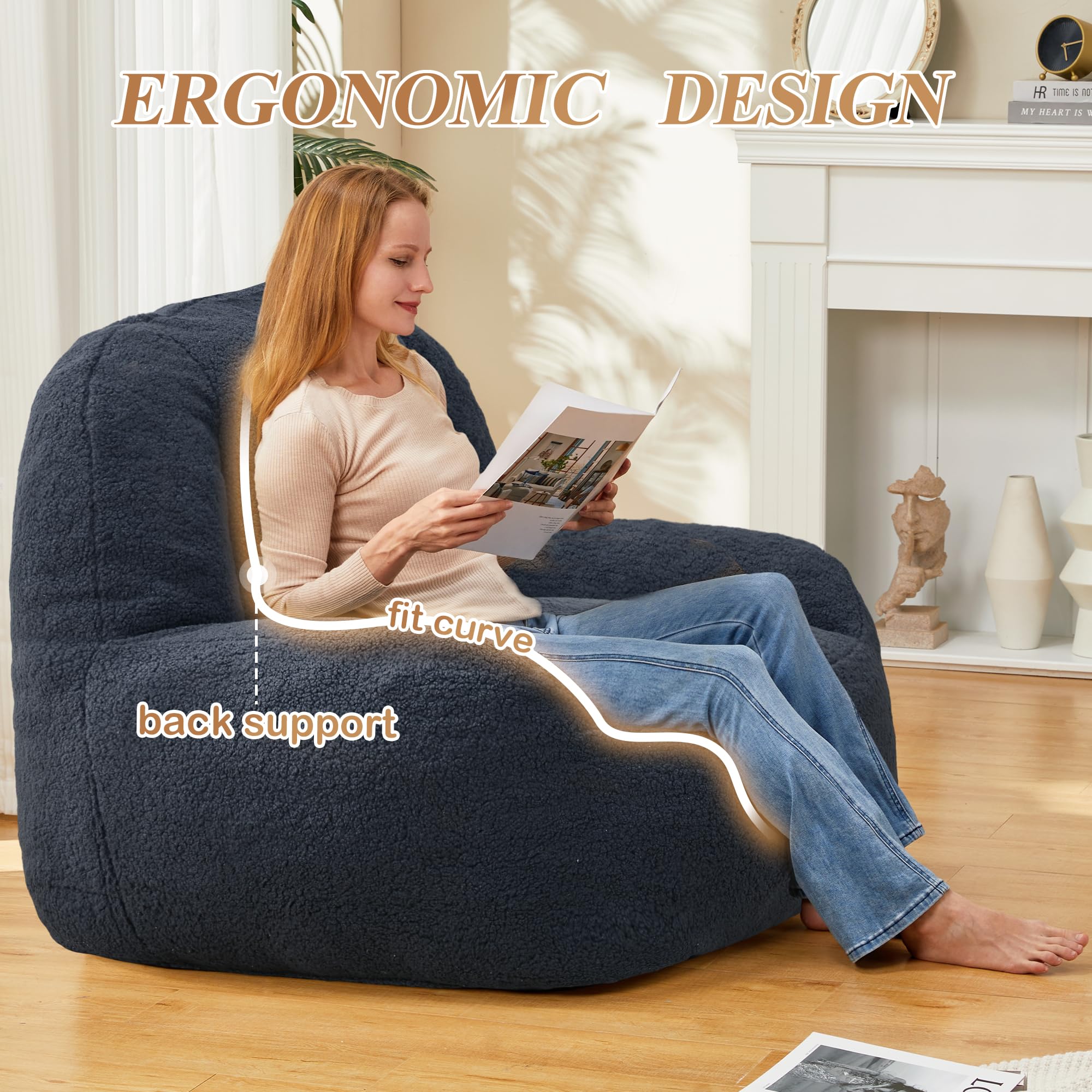 Homguava Oversized Bean Bag Chair for Adults - Giant Bean Bag Sofa with Included Filler, Modern Comfortable Lounger for Living Room, Bedroom & Game Room (Blue) - Perfect for Relaxing, Gaming & Movie Nights