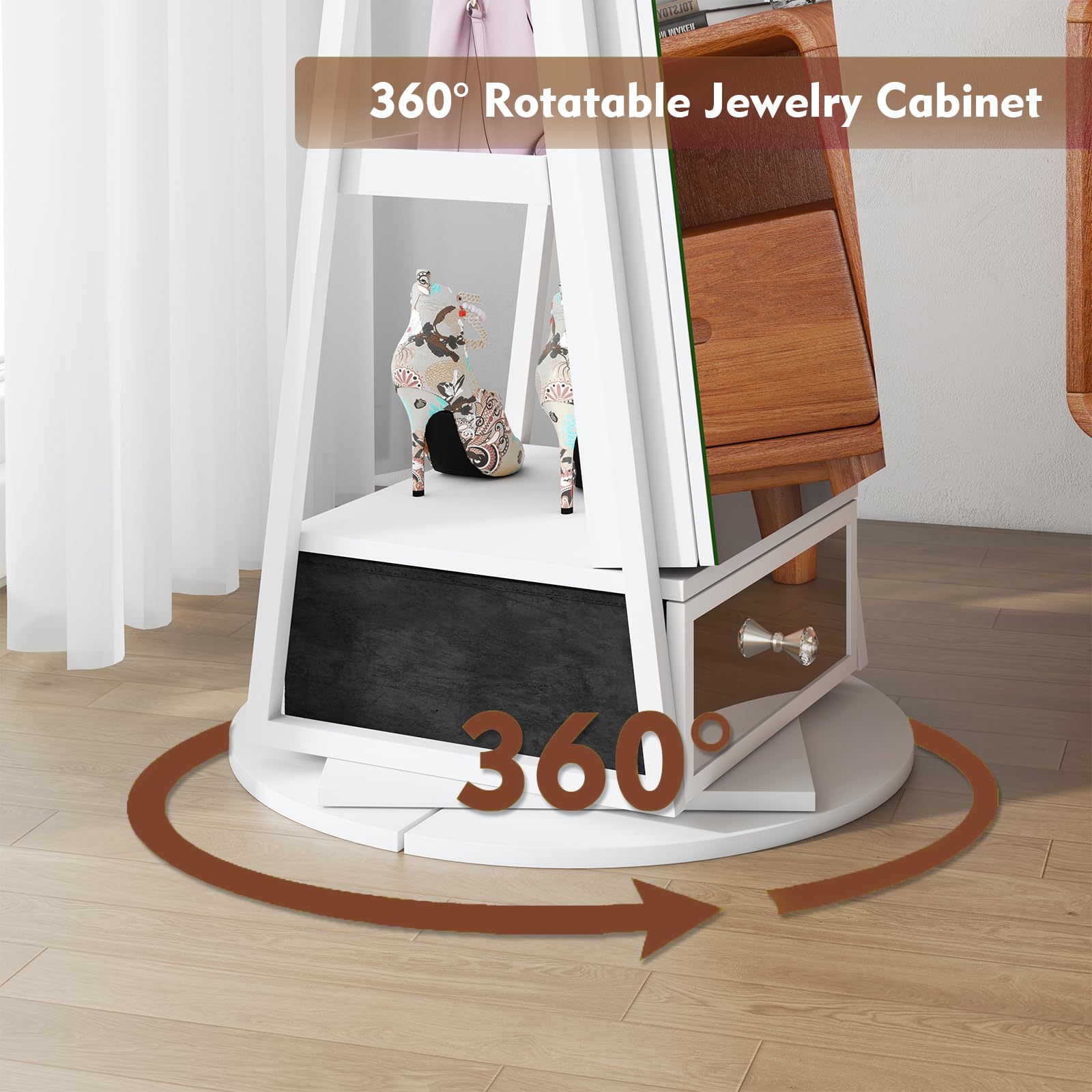 360° Swivel LED Jewelry Armoire with Full-Length Mirror - Foldable Makeup Organizer with Storage Shelves for Women & Girls | Perfect for Bedroom, Dressing Room & Closet Organization