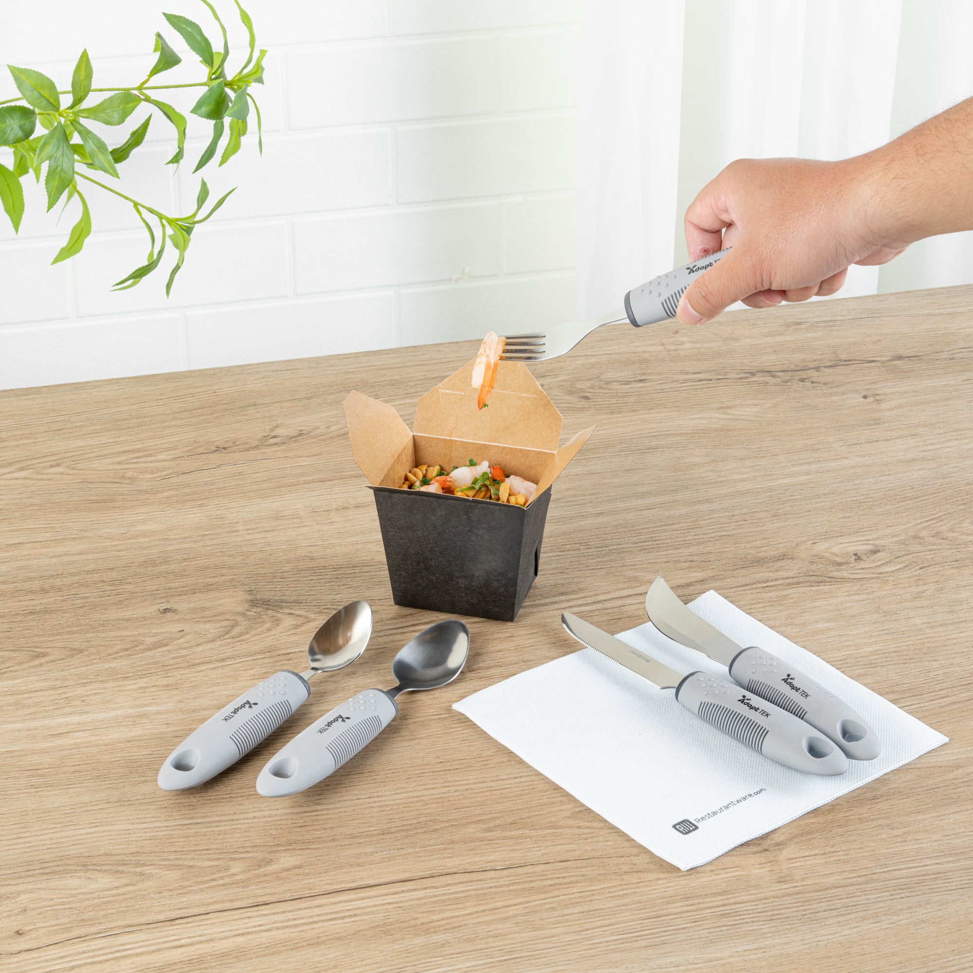 Adapt Tek Gray Stainless Steel 5-Piece Adaptive Utensil Set - Lightweight, Non-Slip Grip, Ergonomic Design for Seniors & Disabled - Perfect for Assisted Eating at Home or Healthcare Facilities (1 Count Box)