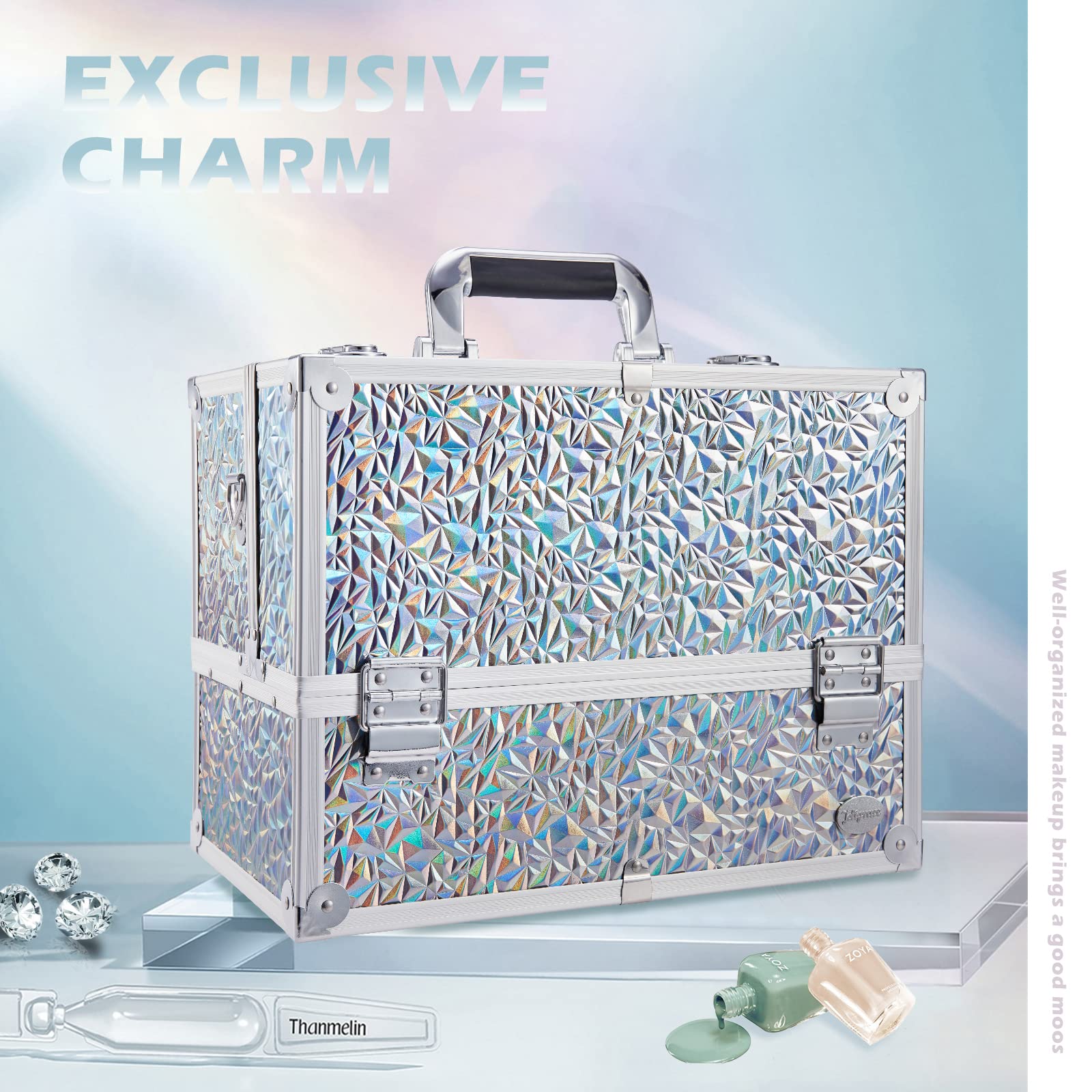 Professional Makeup Train Case with 6 Trays & Lock - Large Cosmetic Organizer Box for Artists & Stylists | Adjustable Dividers, Carrying Strap | Silver Holographic Iridescent Style | Perfect for Salon, Travel & On-Site Makeup Services