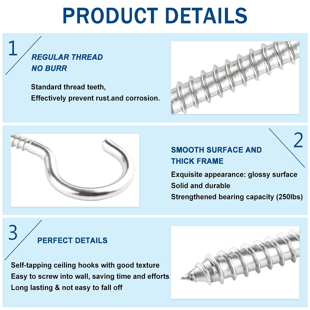 3.5 Inch 304 Stainless Steel Screw Hooks - 12 Pack Heavy Duty Metal Hanging Hooks for Ceiling, Wall, Kitchen, Plants & Mugs - Rustproof Cup Hooks for Home Organization & Storage