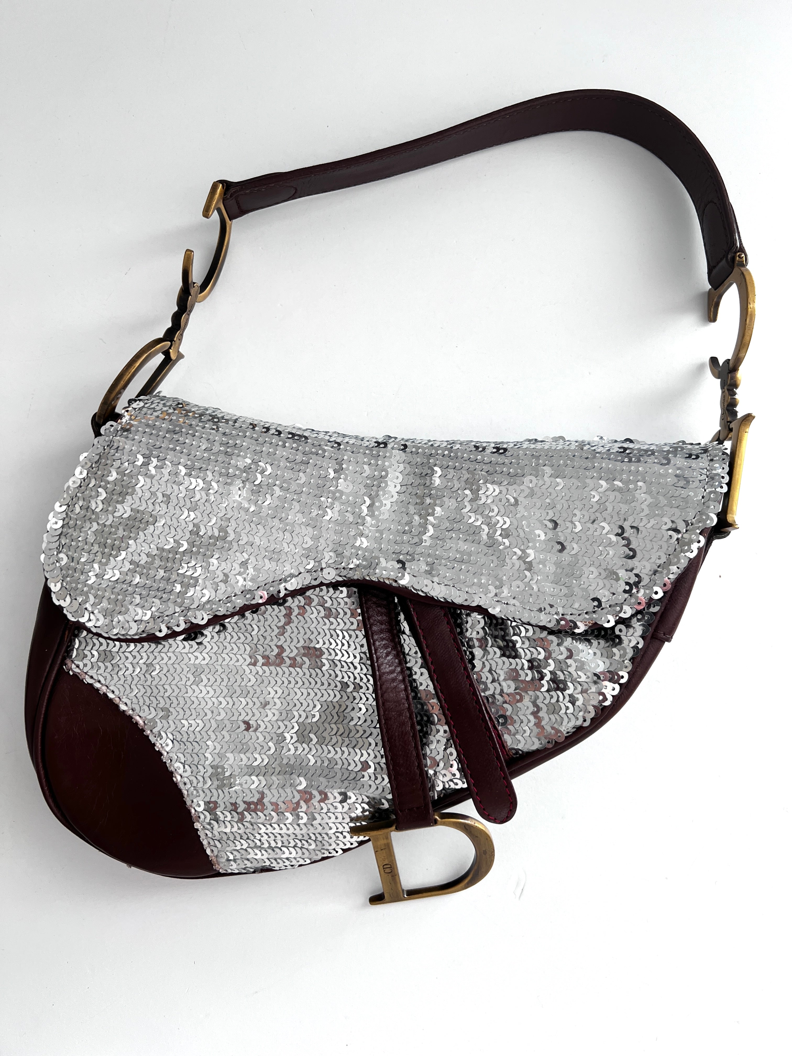 Vintage Dior Silver Sequin Leather Saddle Bag - Luxury Crossbody Purse for Women, Evening Parties & Special Occasions