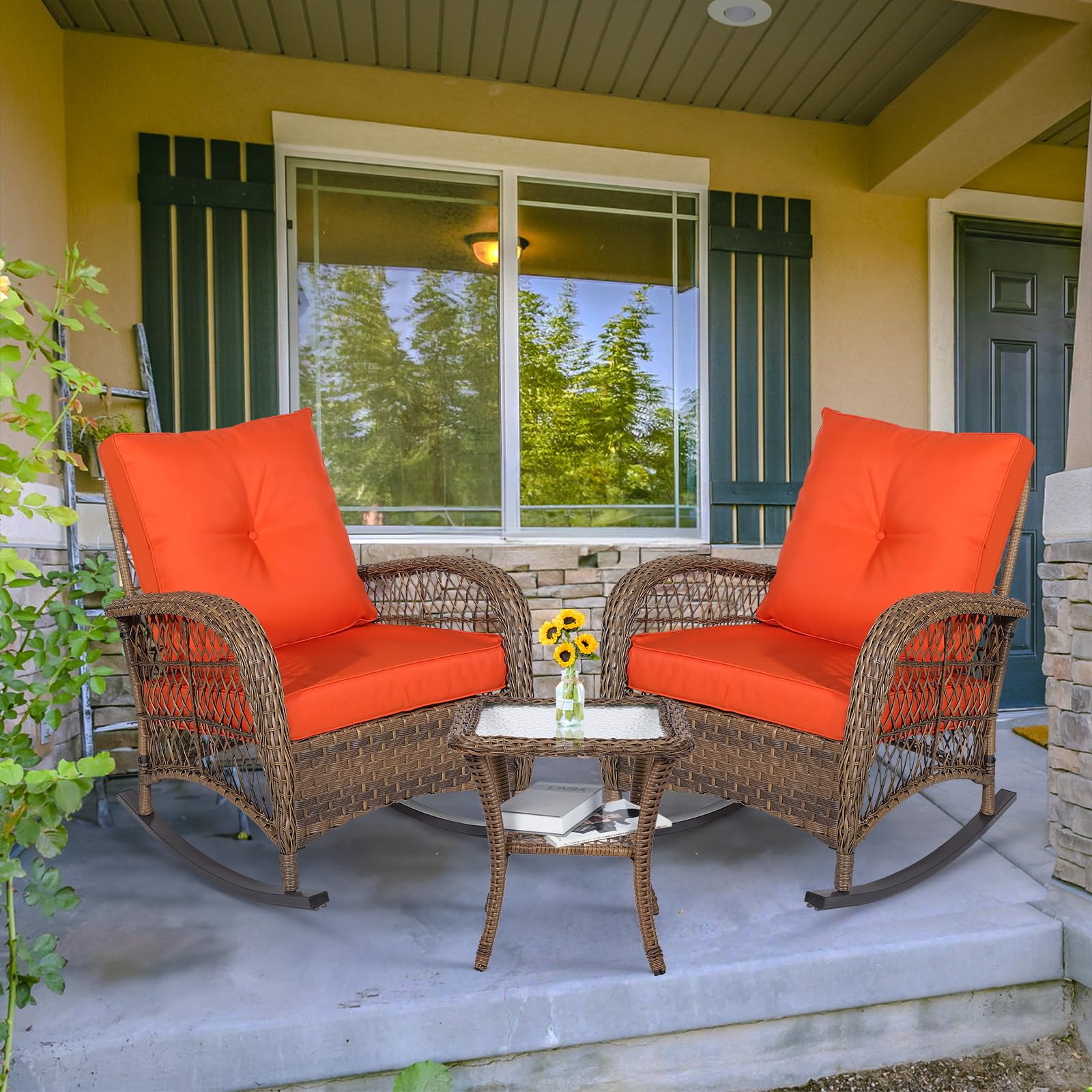 MEETWARM 3-Piece Outdoor Wicker Rocking Chair Set with Cushions & Glass-Top Coffee Table - Rattan Patio Conversation Bistro Set for Porch, Backyard, Garden - Orange | Perfect for Relaxing, Entertaining & Outdoor Lounging