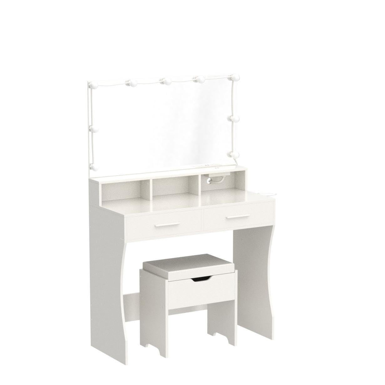 Vabches Makeup Vanity with LED Lighted Mirror & USB Outlet Charging Station - White Vanity Table with 3 Color Lighting Modes & Adjustable Brightness, 31.5 Inch Wide - Perfect for Bedroom, Dressing Room & Home Salon Makeup Application