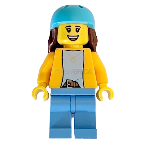 LEGO Minifigure Female - Orange Jacket, Azure Helmet & Brown Long Hair for LEGO City Sets | Perfect for Collectors, Custom Builds and Creative Play Scenes
