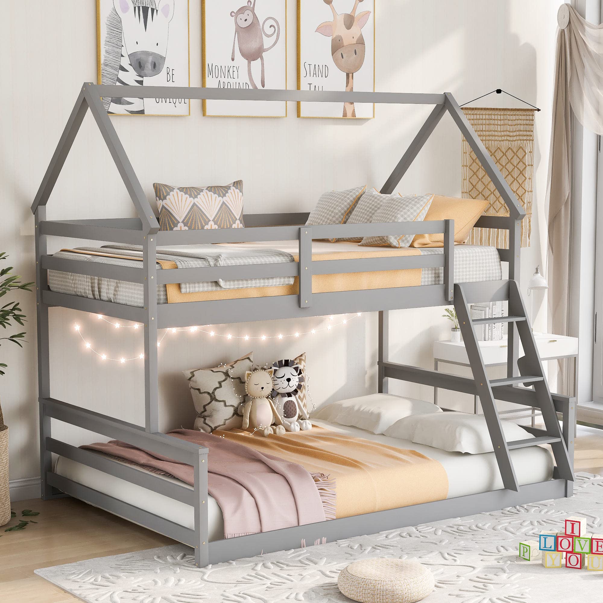 Low Bunk Bed Twin Over Full - Sturdy Wooden House Bunk Bed Frame with Ladder & Safety Guardrail - Space-Saving Loft Bed for Kids, Teens, Students & Guest Rooms - No Box Spring Needed - Gray - Perfect for Small Bedrooms, Dormitories & Vacation Homes