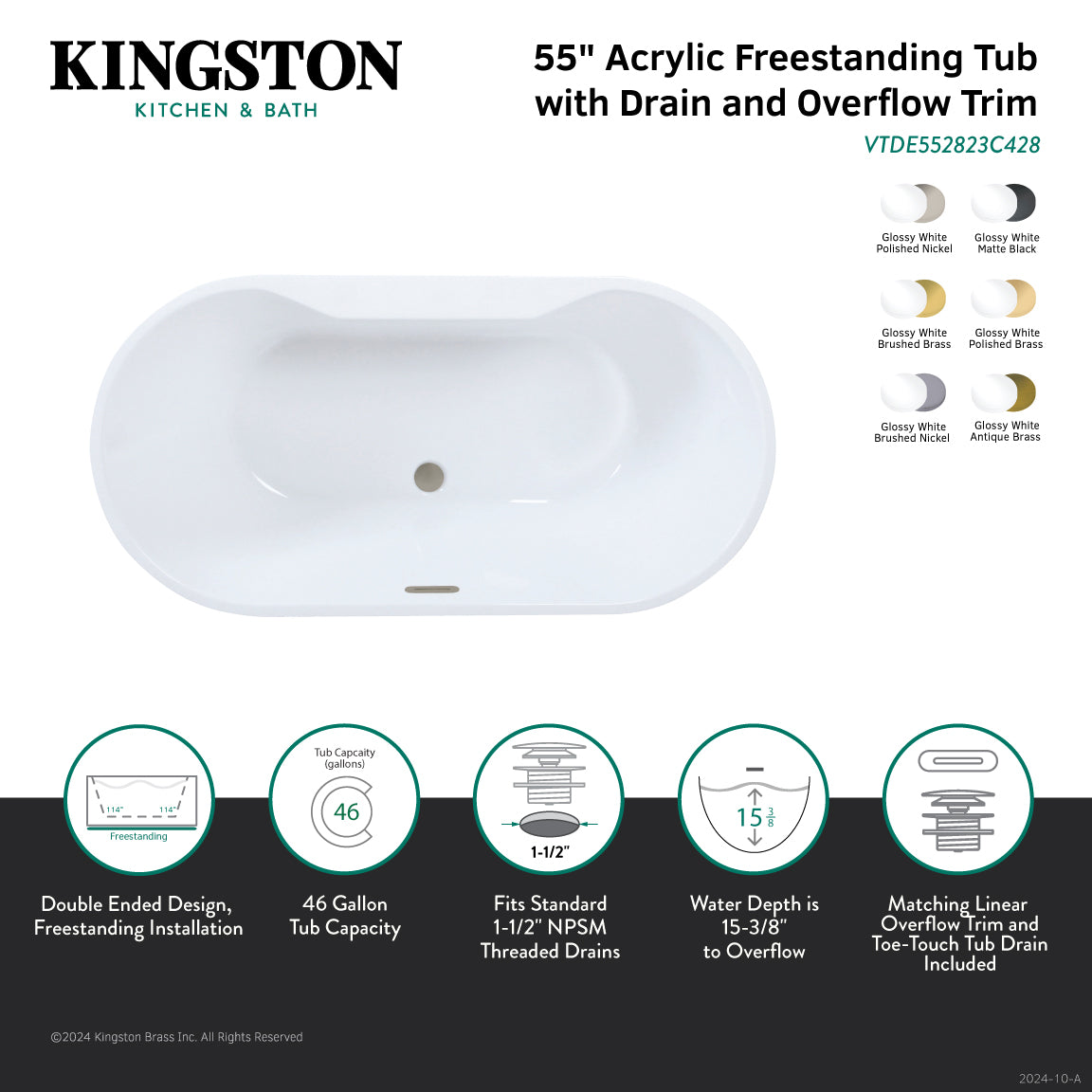 Aqua Eden 55 Inch Acrylic Oval Freestanding Bathtub - Double Ended Soaking Tub with Drain, Glossy White & Matte Black Finish | Perfect for Luxury Bathrooms & Spa Retreats
